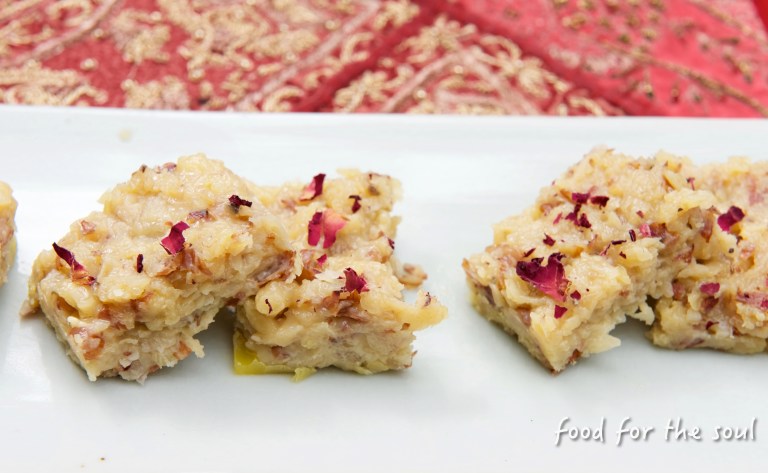 Coconut Burfi- Saffron and Rose infused
