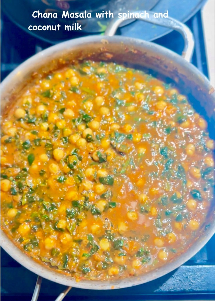 This dish is full of warming spices and rich coconut milk. It contains protein-packed chickpeas and nourishing greens. This combination is everything you could ever want in a comforting curry