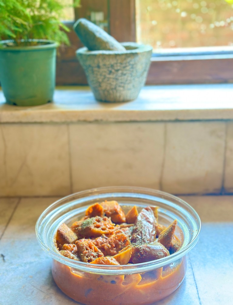 This dish is everything I love about Kashmiri cooking: it celebrates a lesser-known veggie (lotus root), relies on simple spices, and marries textures—crunchy nadru, silky eggplant—into soulful harmony.