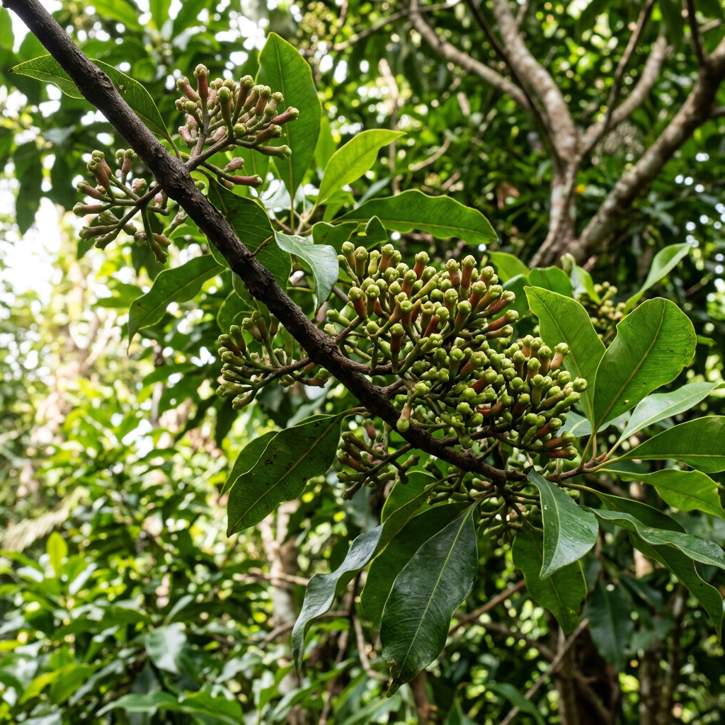 Tree branch with clusters of green buds and broad leaves